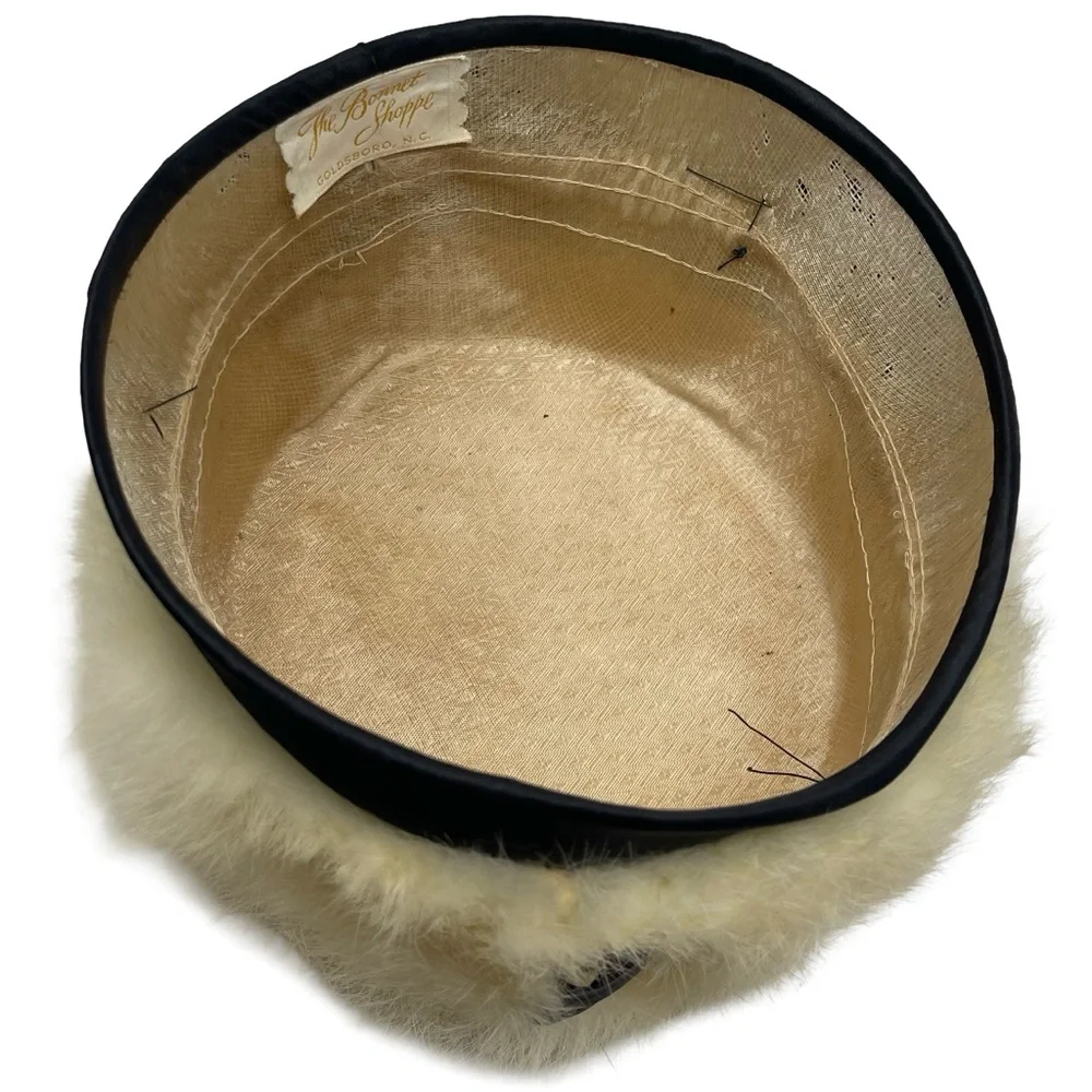 Vintage The Bonnet Shoppe Cream Faux Fur Black Satin Pillbox Hat Made In USA - Picture 7 of 9